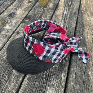 Betsey Johnson Gingham Floral Visor Black‎ Brim Adjustable Tie One Size EUC